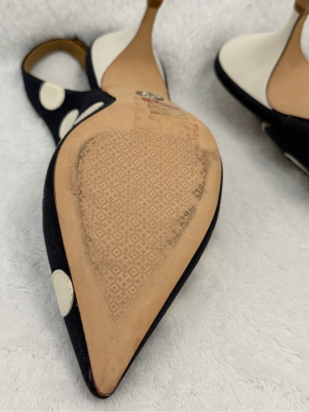 Tory Burch Polka Dot Slingback Heels Size 6M Navy White Pointed Toe Kitten Heel - Picture 12 of 16